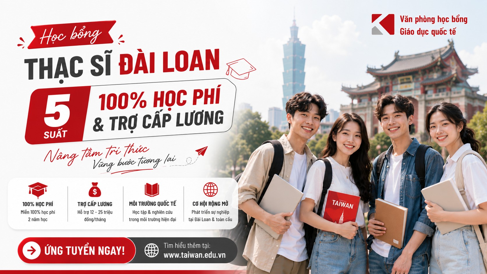 Học bổng Thạc sĩ Đài Loan: 5 suất 100% học phí & trợ cấp lương