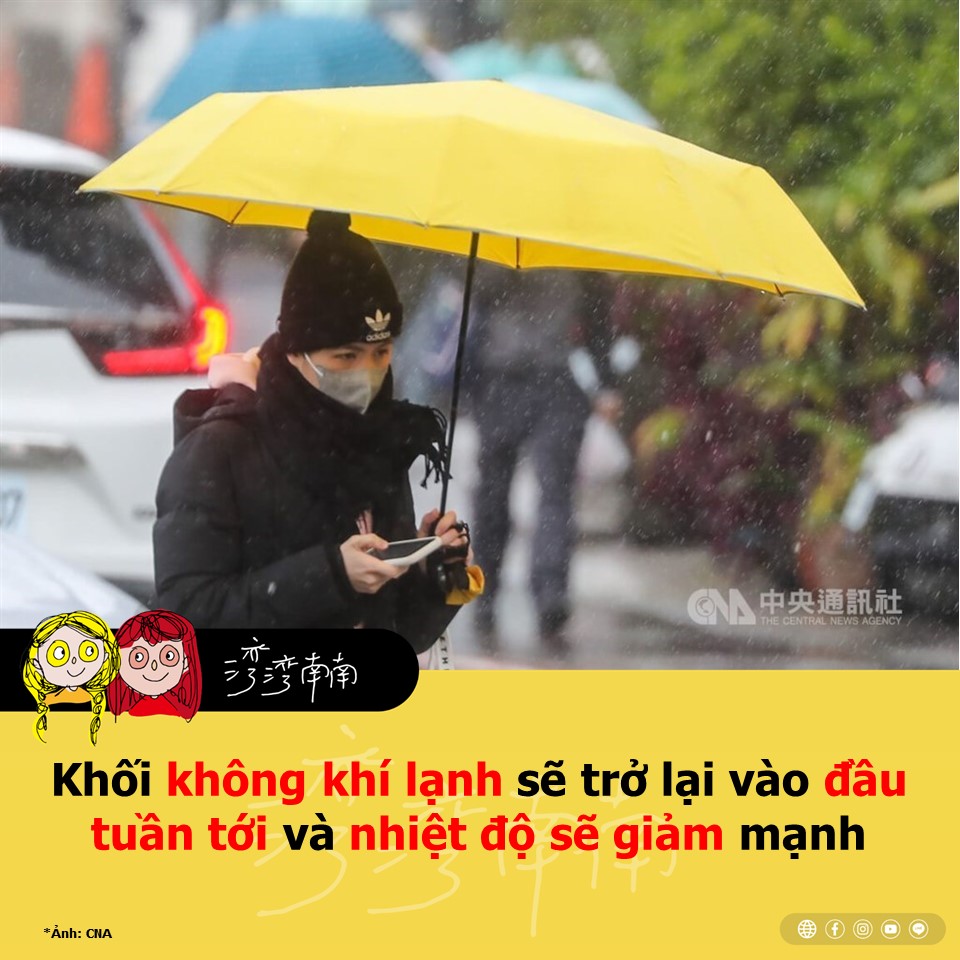 Một khối không khí lạnh sẽ khiến nhiệt độ trên khắp Đài Loan giảm mạnh vào đầu tuần tới, và dự kiến có tuyết trên các ngọn núi cao trên 3.500 mét.